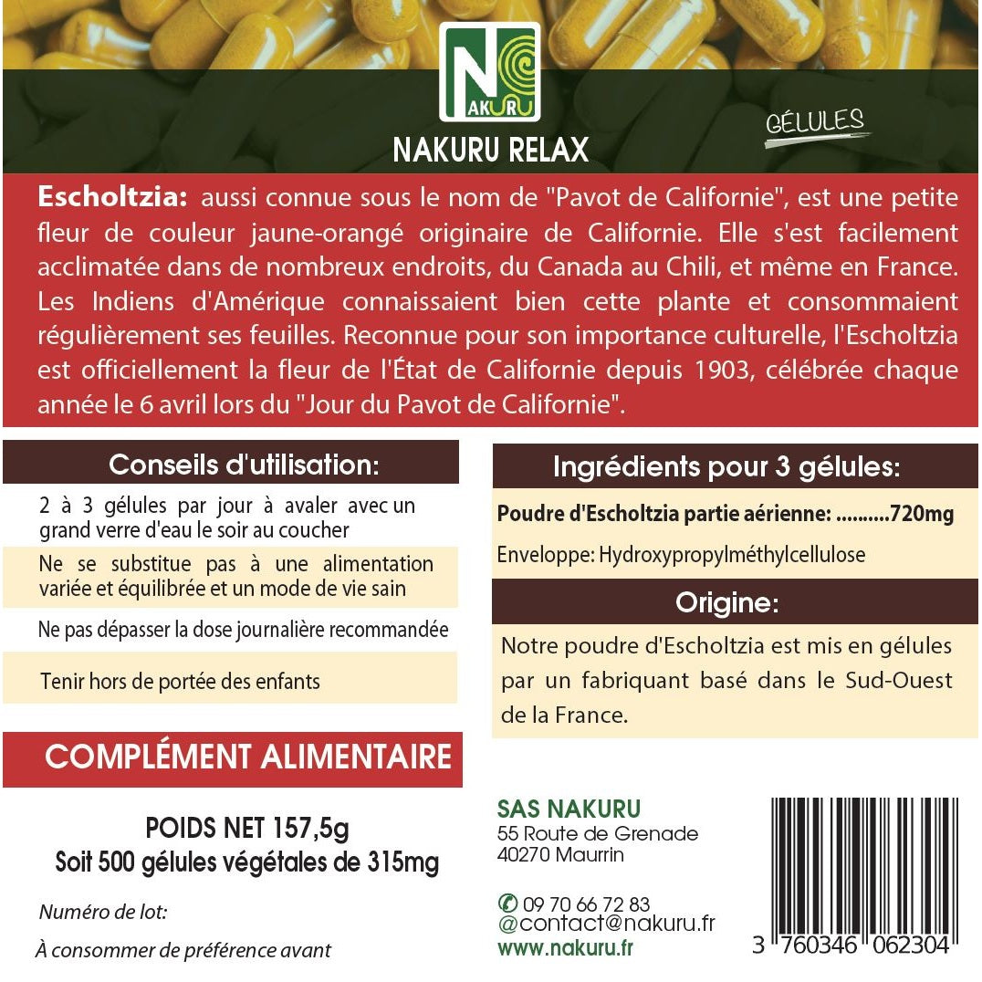 NAKURU Escholtzia — 500 gélules — Étiquette dos