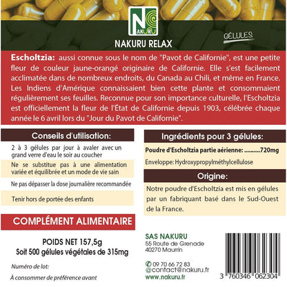NAKURU Escholtzia — 500 gélules — Étiquette dos
