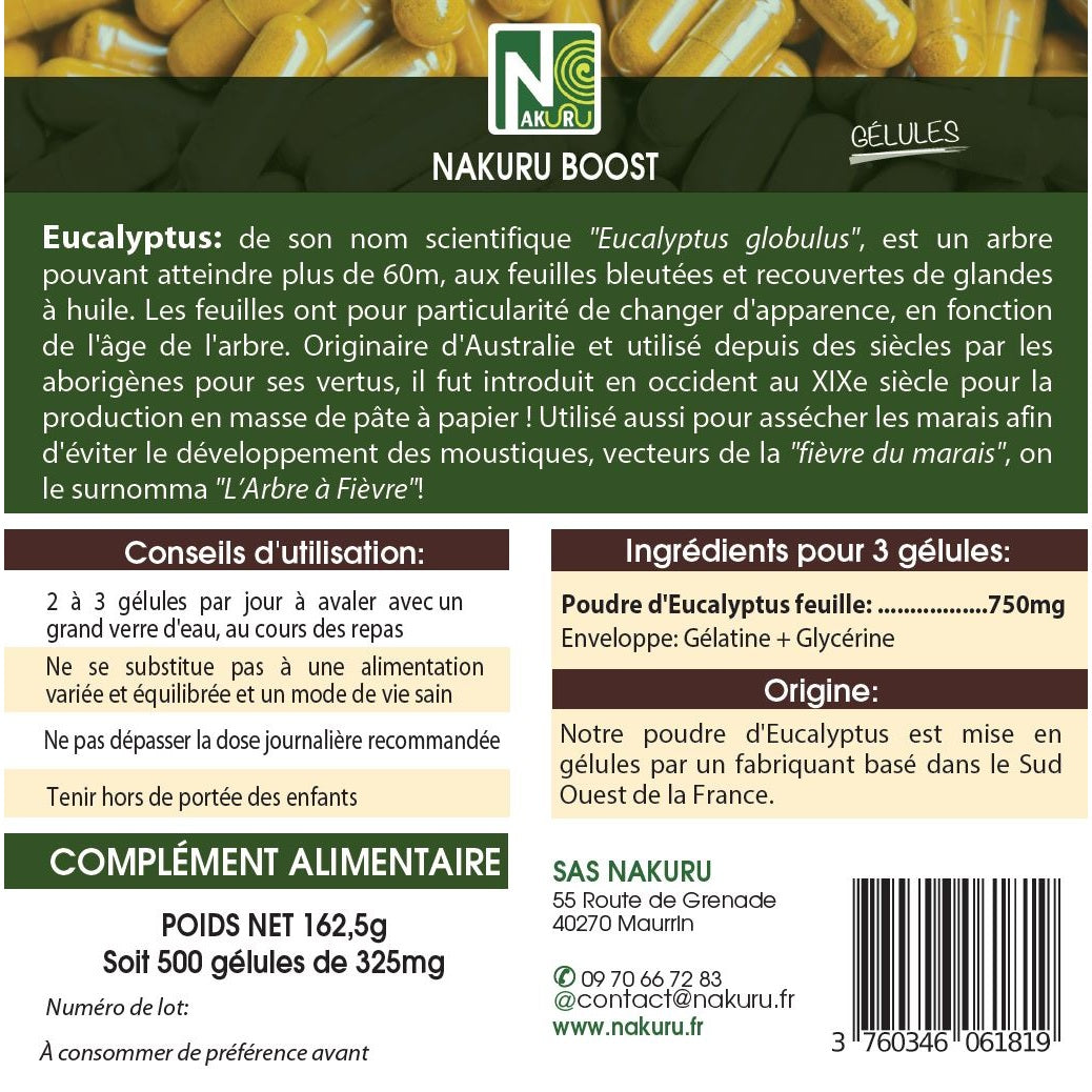 NAKURU Eucalyptus — 500 gélules — Étiquette dos