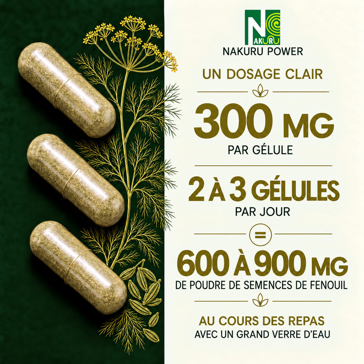 NAKURU Fenouil — 500 gélules — Dosage