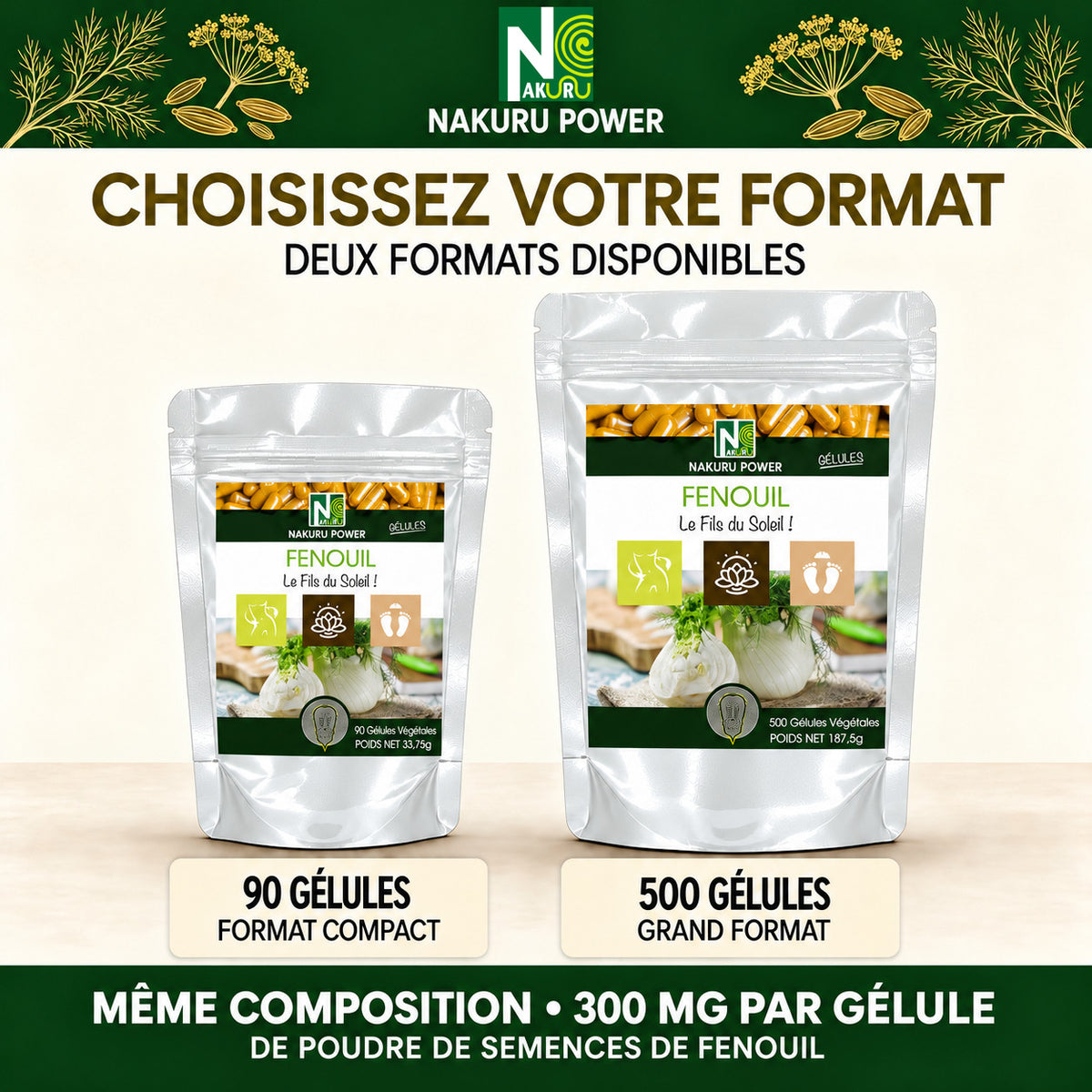 NAKURU Fenouil — 500 gélules — Comparatif formats