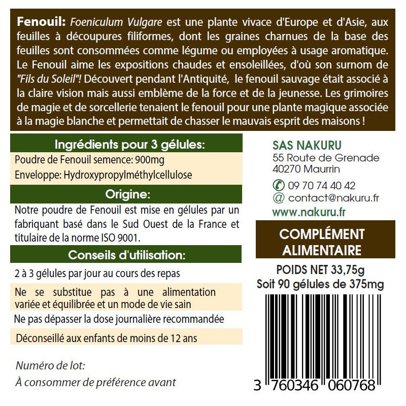 NAKURU Fenouil — 90 gélules — Étiquette dos