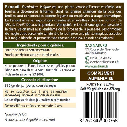 NAKURU Fenouil — 90 gélules — Étiquette dos