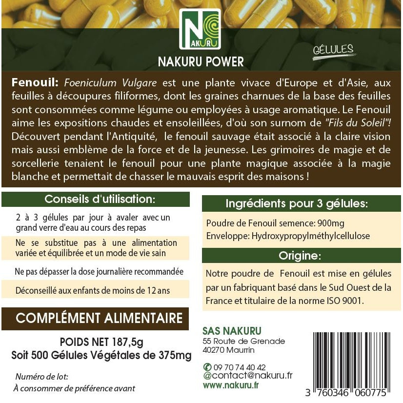 NAKURU Fenouil — 500 gélules — Étiquette dos