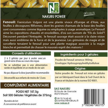 NAKURU Fenouil — 500 gélules — Étiquette dos