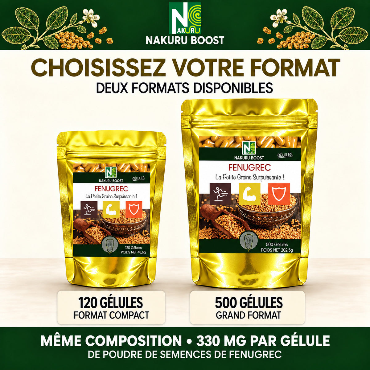 NAKURU Fenugrec — 500 gélules — Comparatif formats