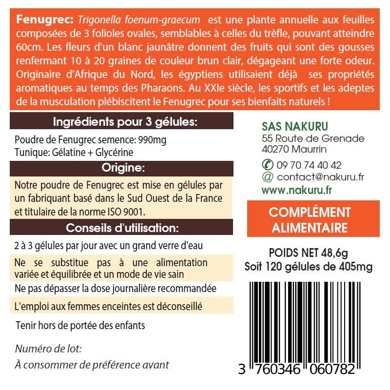 NAKURU Fenugrec — 120 gélules — Étiquette dos