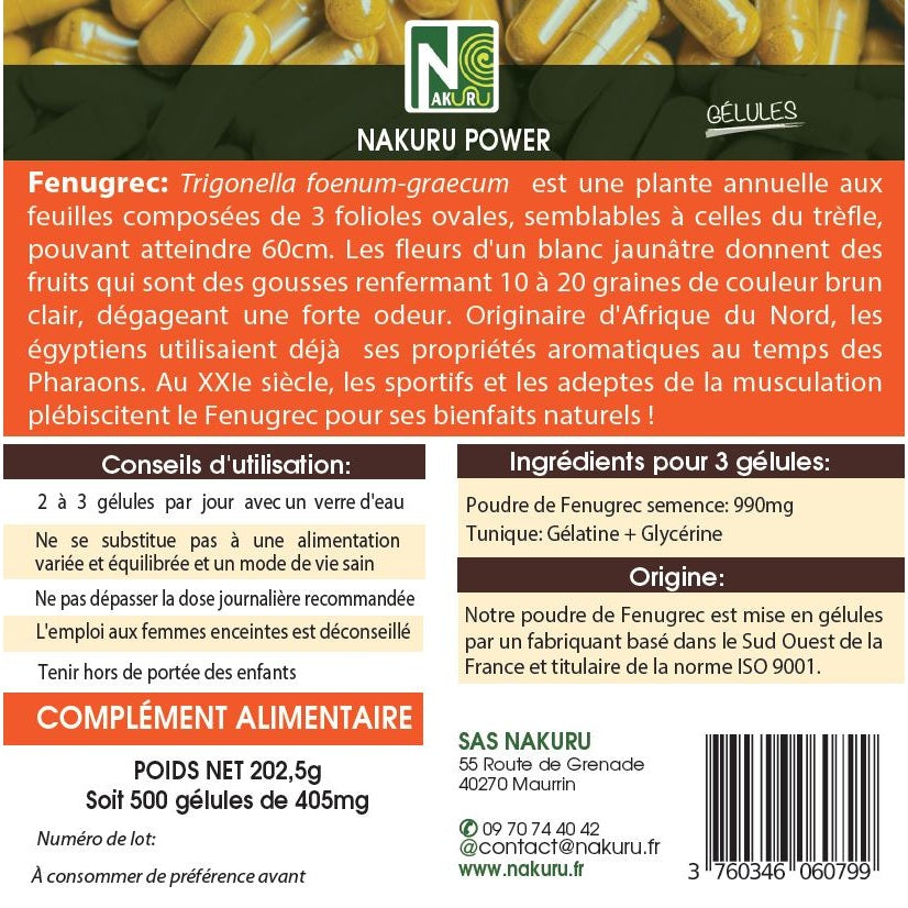 NAKURU Fenugrec — 500 gélules — Étiquette dos
