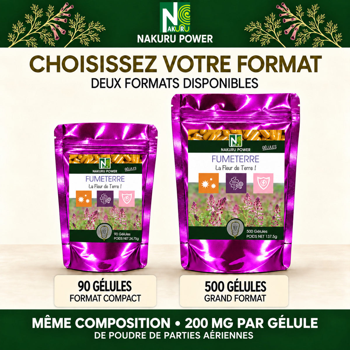 NAKURU Fumeterre — 500 gélules — Comparatif formats