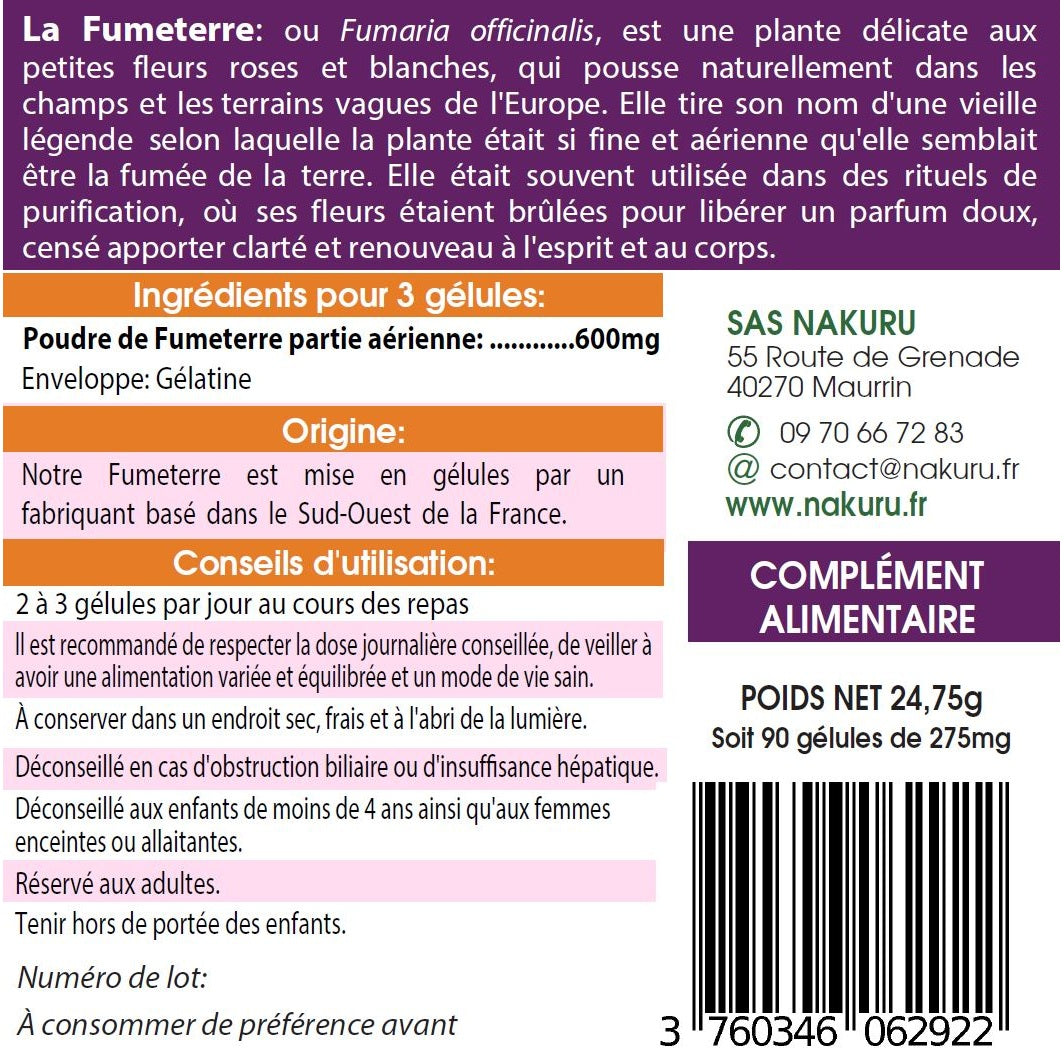NAKURU Fumeterre — 90 gélules — Étiquette dos