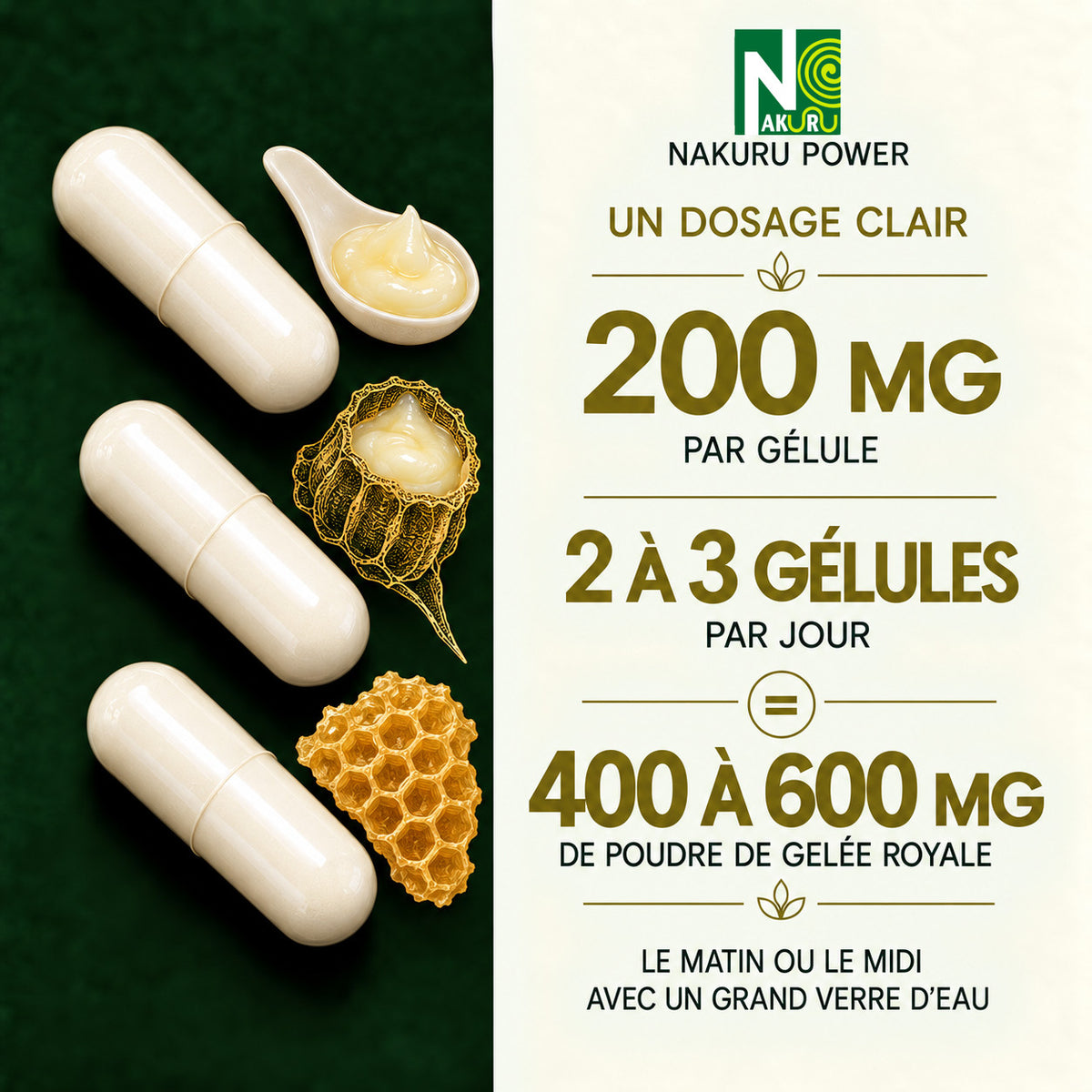 NAKURU Gelée Royale — 500 gélules — Dosage