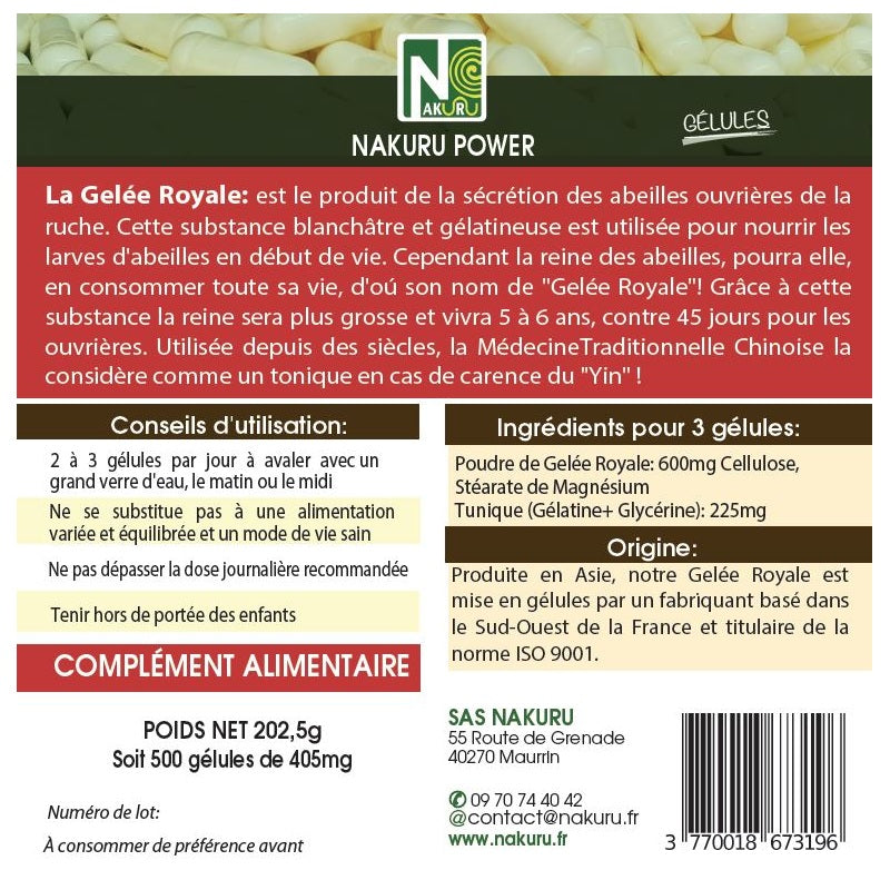 NAKURU Gelée Royale — 500 gélules — Étiquette dos
