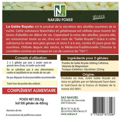 NAKURU Gelée Royale — 500 gélules — Étiquette dos