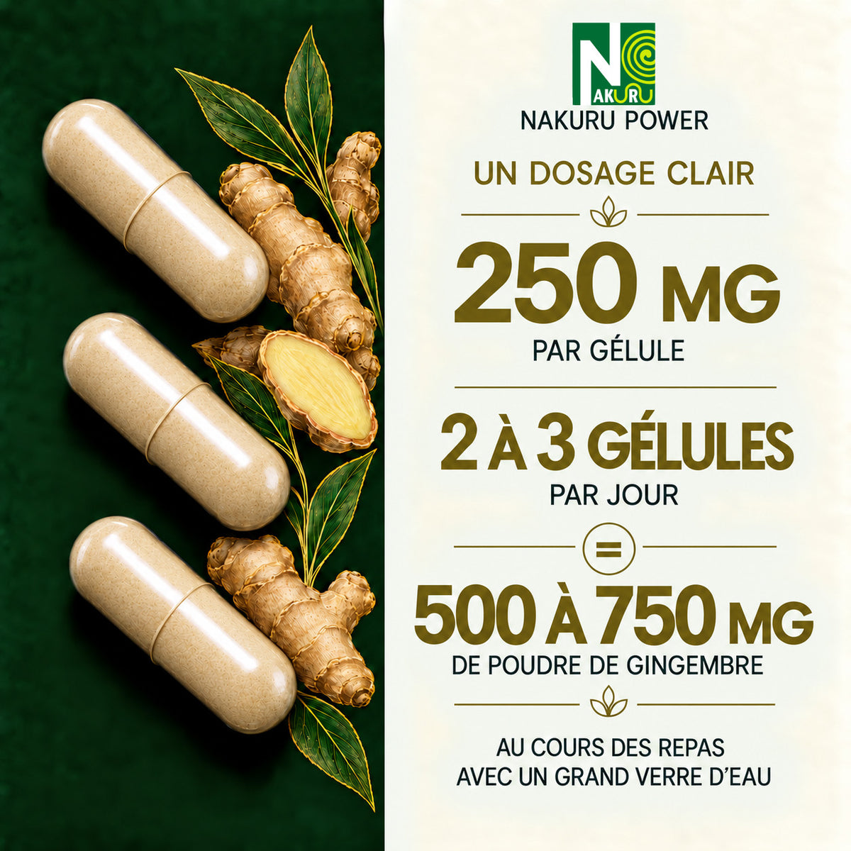 NAKURU Gingembre — 500 gélules — Dosage