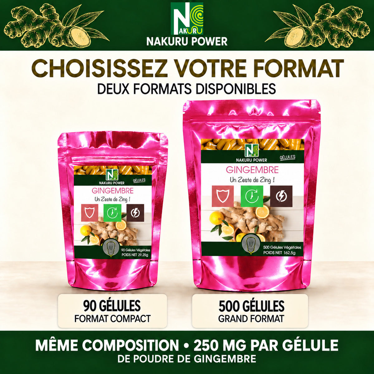 NAKURU Gingembre — 500 gélules — Comparatif formats