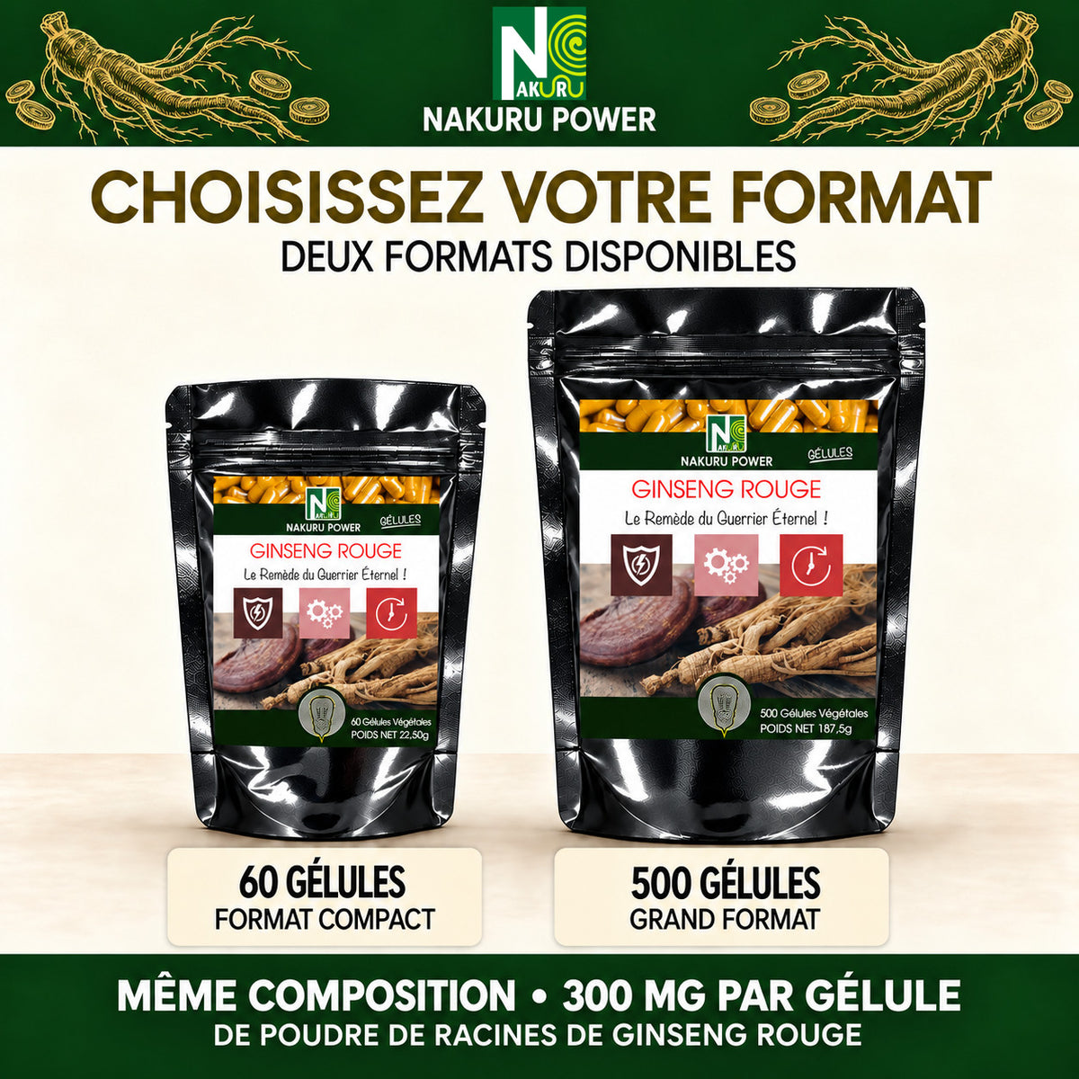 NAKURU Ginseng Rouge — 60 gélules — Comparatif formats