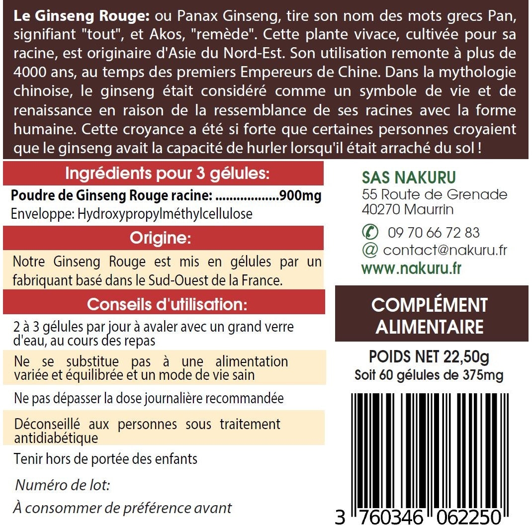 NAKURU Ginseng Rouge — 60 gélules — Étiquette dos