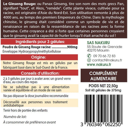 NAKURU Ginseng Rouge — 60 gélules — Étiquette dos