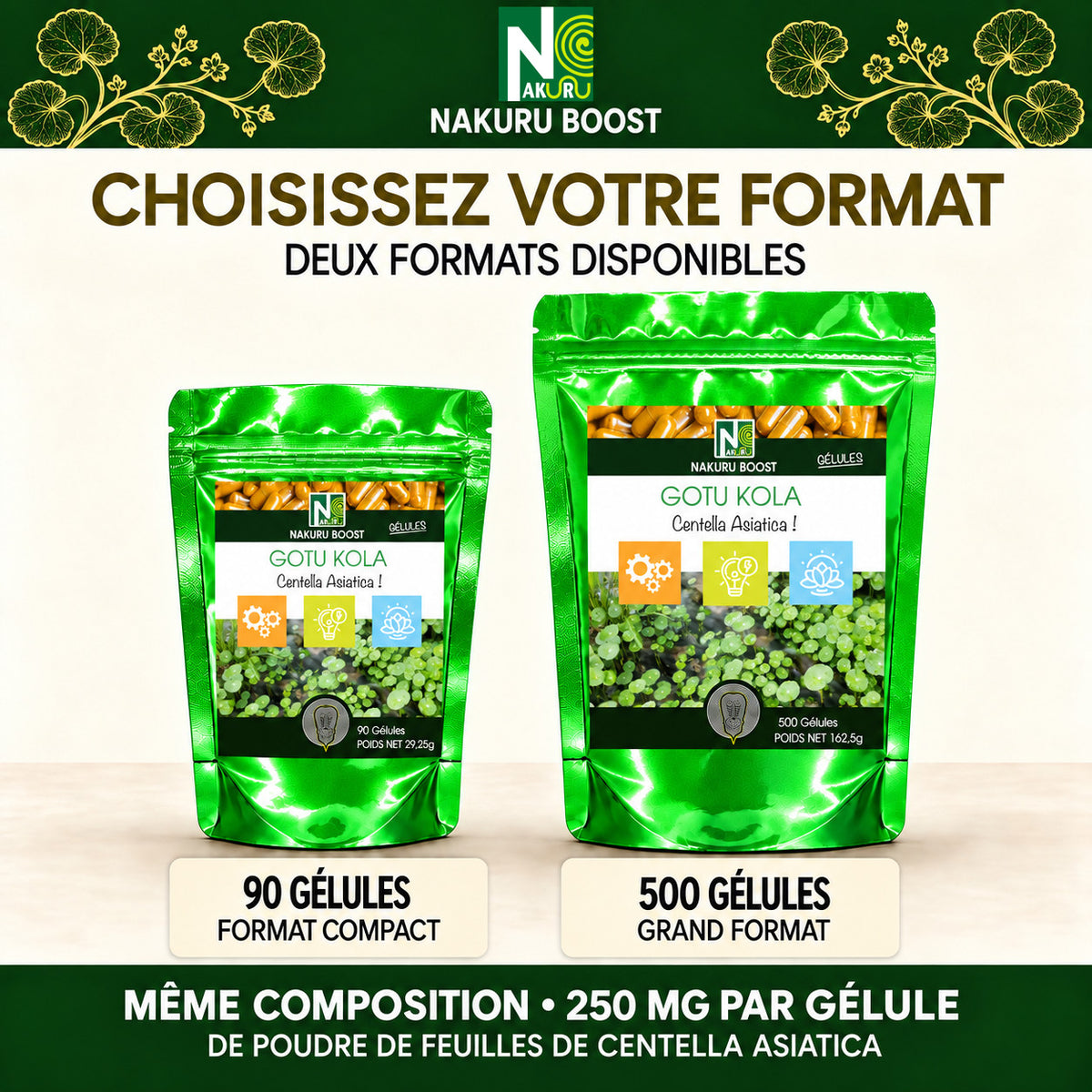 NAKURU Gotu Kola — 500 gélules — Comparatif formats