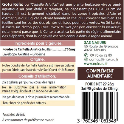 NAKURU Gotu Kola — 90 gélules — Étiquette dos