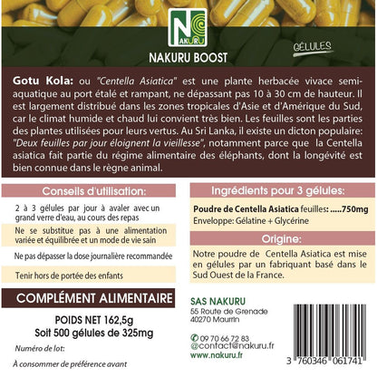 NAKURU Gotu Kola — 500 gélules — Étiquette dos