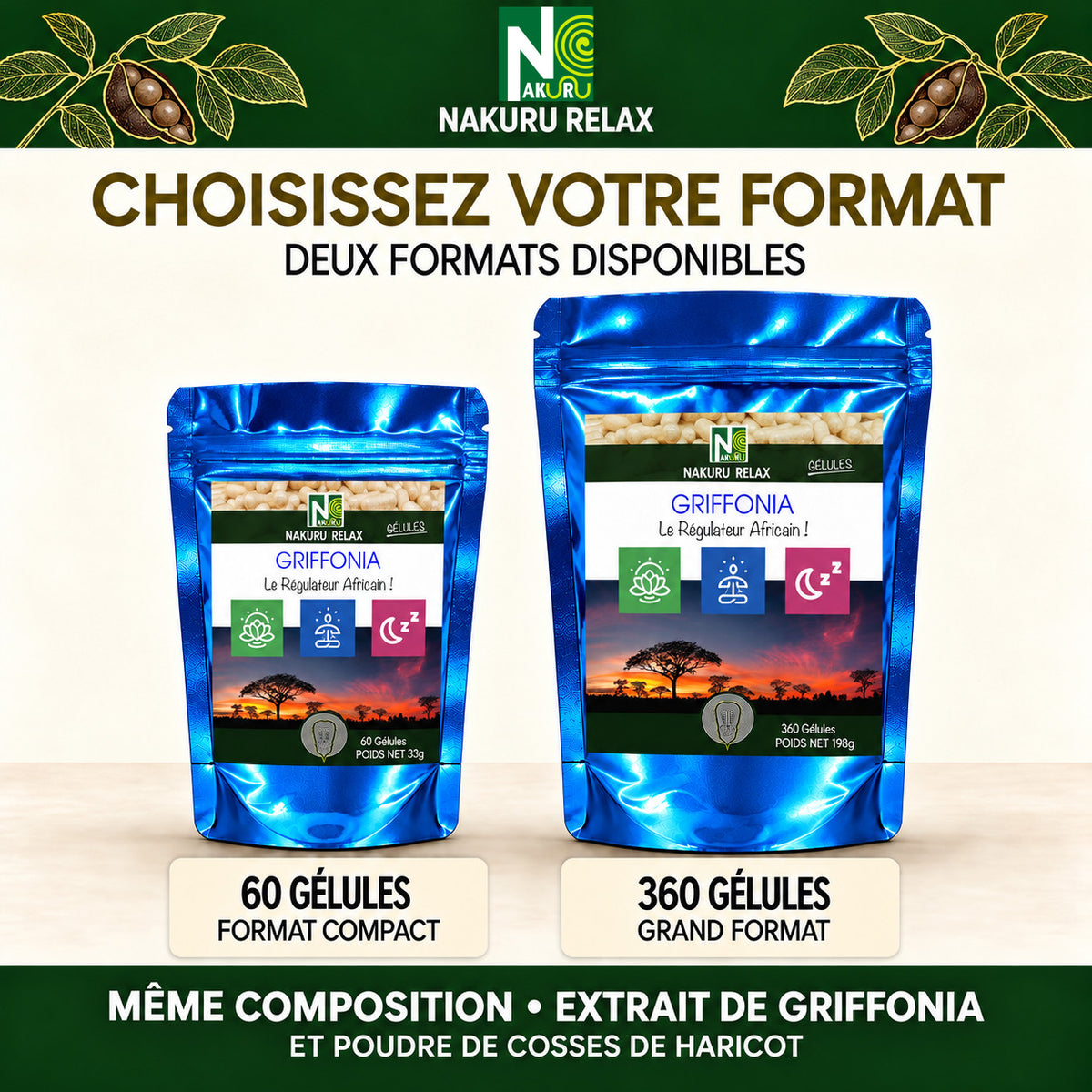 NAKURU Griffonia — 360 gélules — Comparatif formats