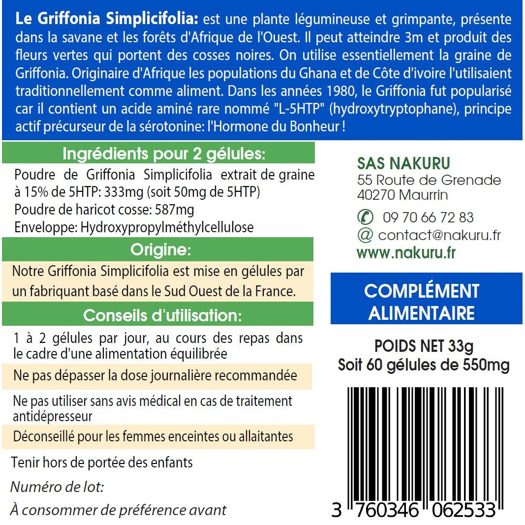 NAKURU Griffonia — 60 gélules — Étiquette dos