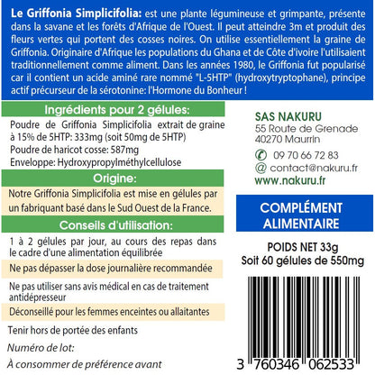 NAKURU Griffonia — 60 gélules — Étiquette dos