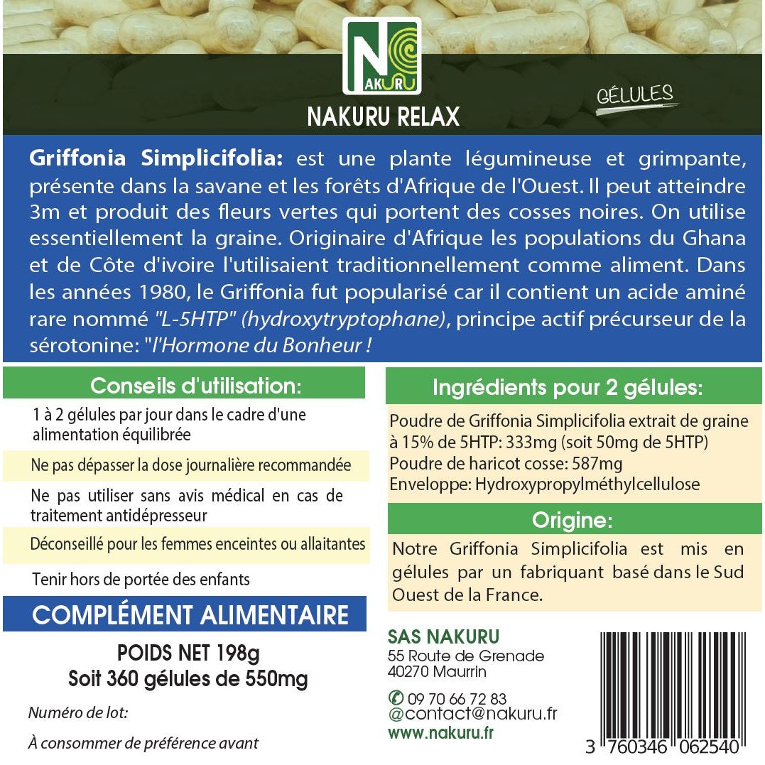 NAKURU Griffonia — 360 gélules — Étiquette dos