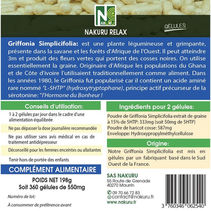 NAKURU Griffonia — 360 gélules — Étiquette dos