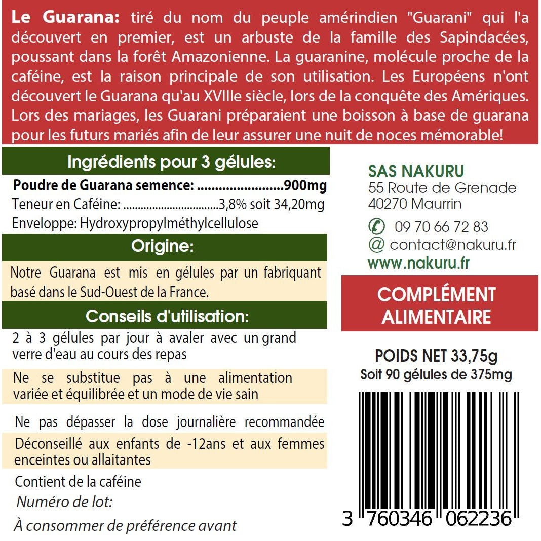 NAKURU Guarana — 90 gélules — Étiquette dos