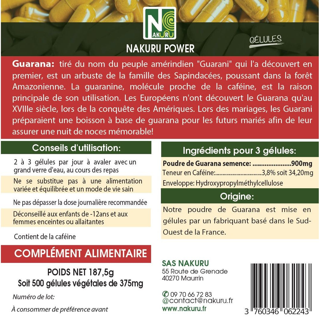 NAKURU Guarana — 500 gélules — Étiquette dos