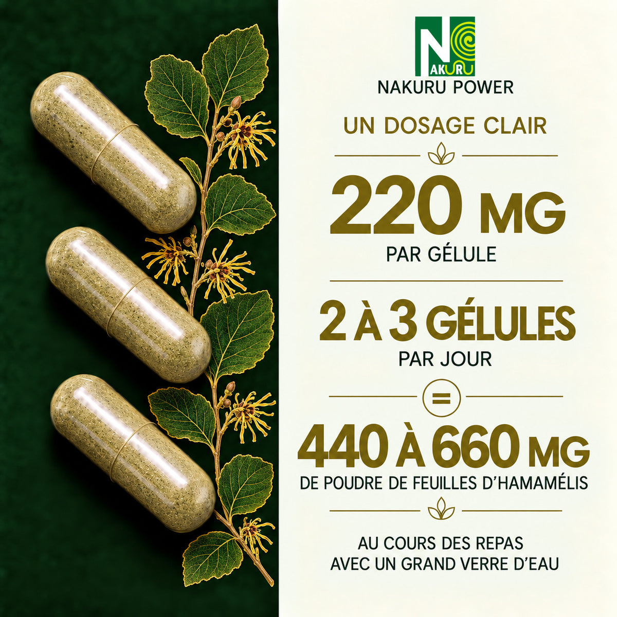 NAKURU Hamamélis — 500 gélules — Dosage