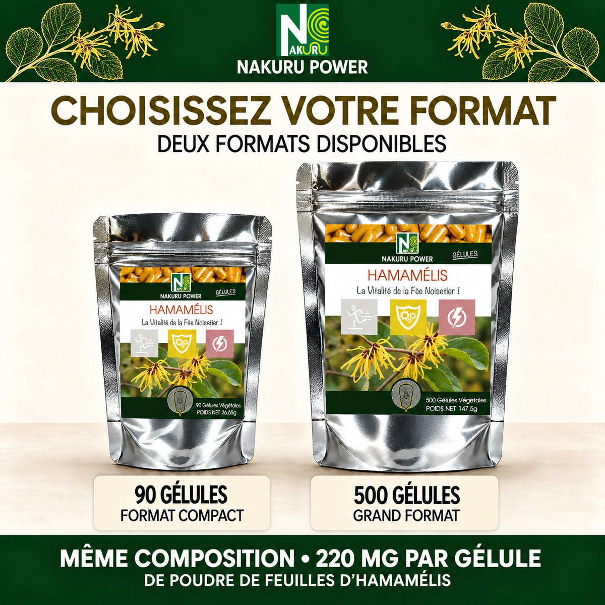 NAKURU Hamamélis — 500 gélules — Comparatif formats