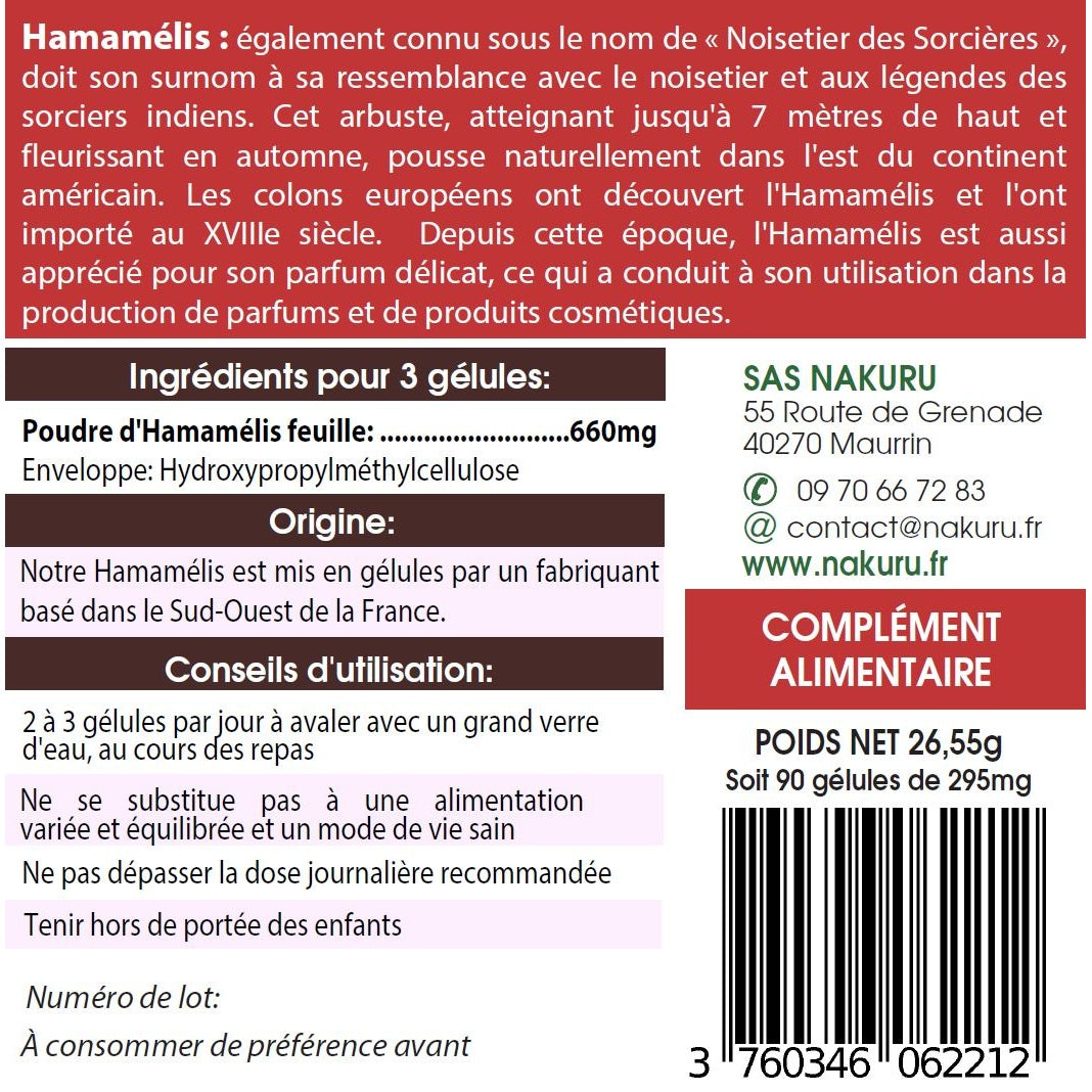 NAKURU Hamamélis — 90 gélules — Étiquette dos