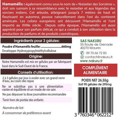NAKURU Hamamélis — 90 gélules — Étiquette dos
