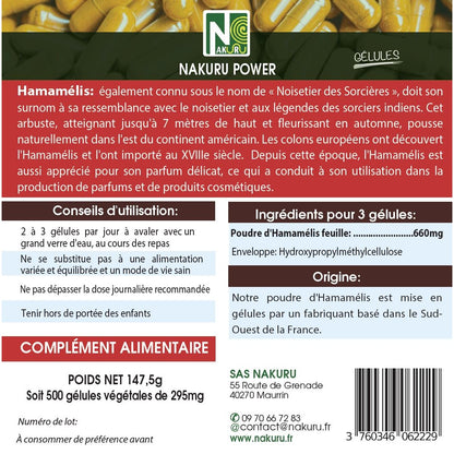 NAKURU Hamamélis — 500 gélules — Étiquette dos
