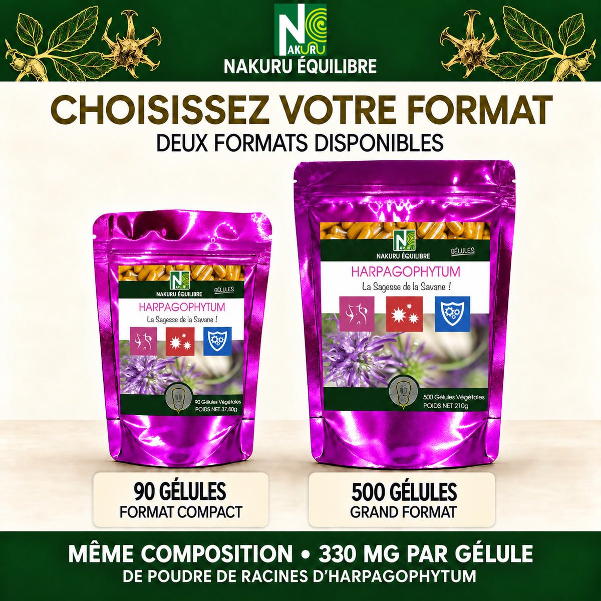 NAKURU Harpagophytum — 500 gélules — Comparatif formats