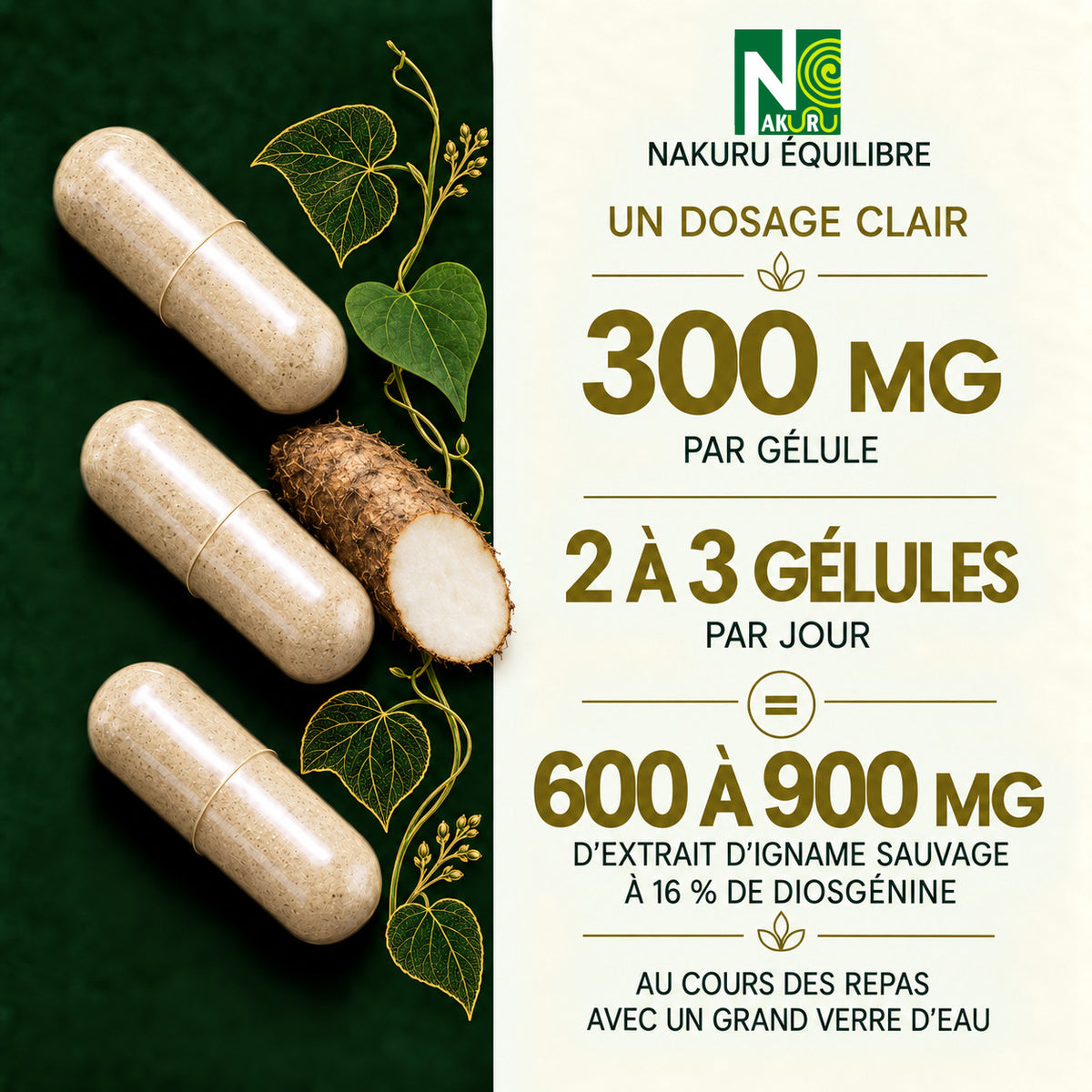 NAKURU Igname Sauvage — 500 gélules — Dosage