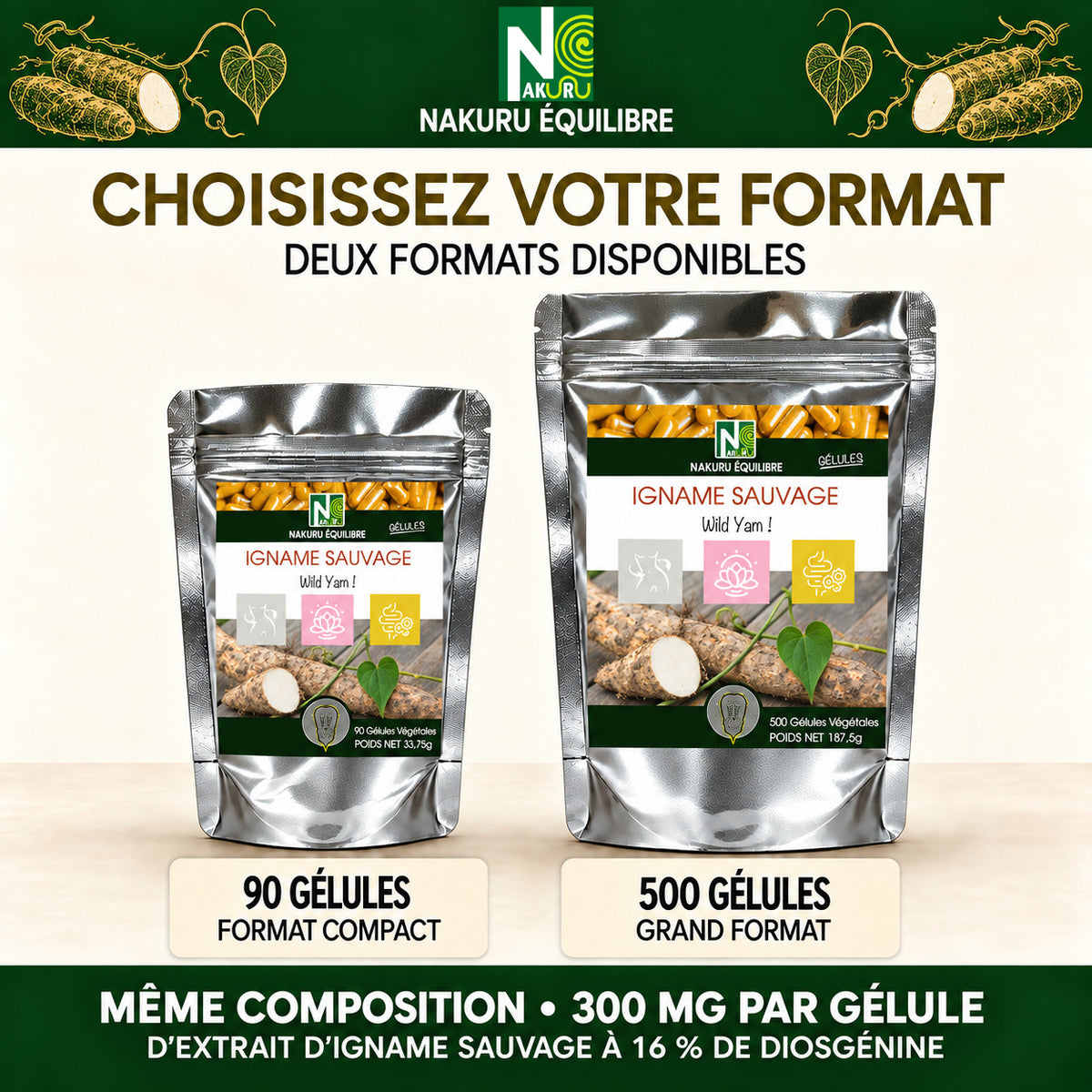 NAKURU Igname Sauvage — 500 gélules — Comparatif formats