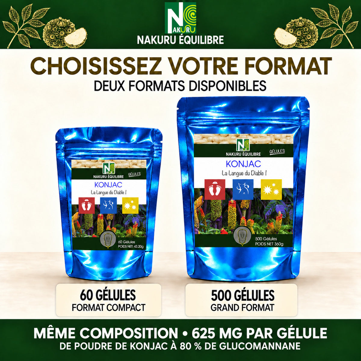 NAKURU Konjac — 500 gélules — Comparatif formats