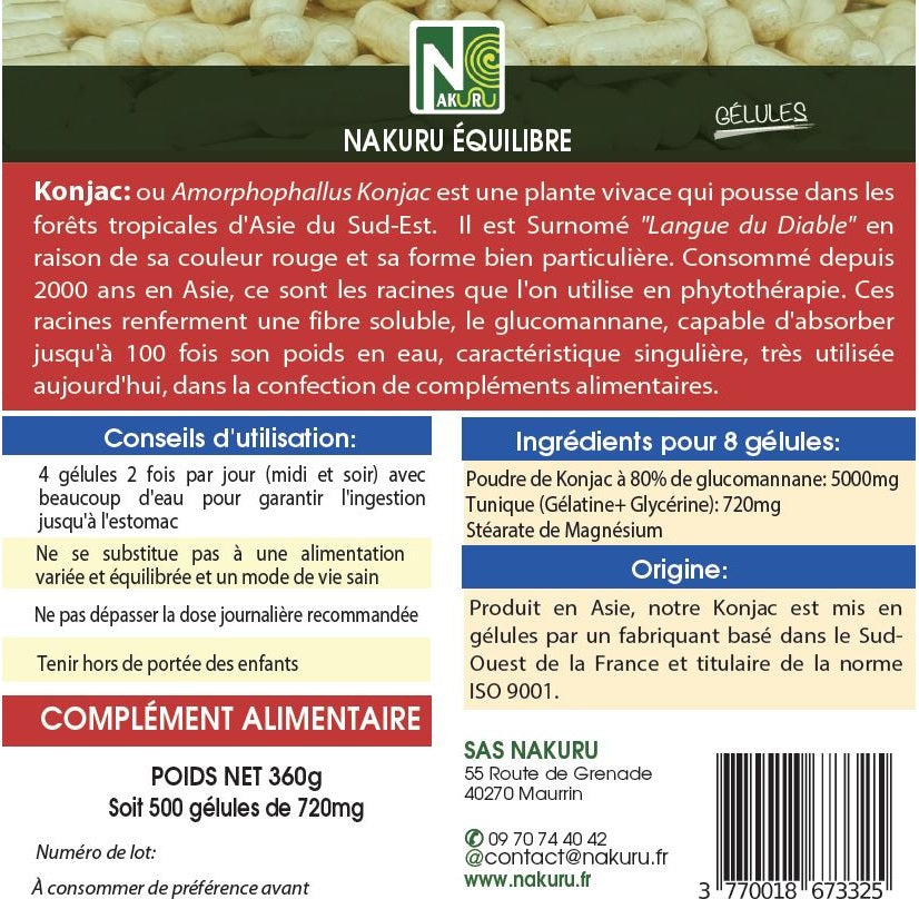 NAKURU Konjac — 500 gélules — Étiquette dos