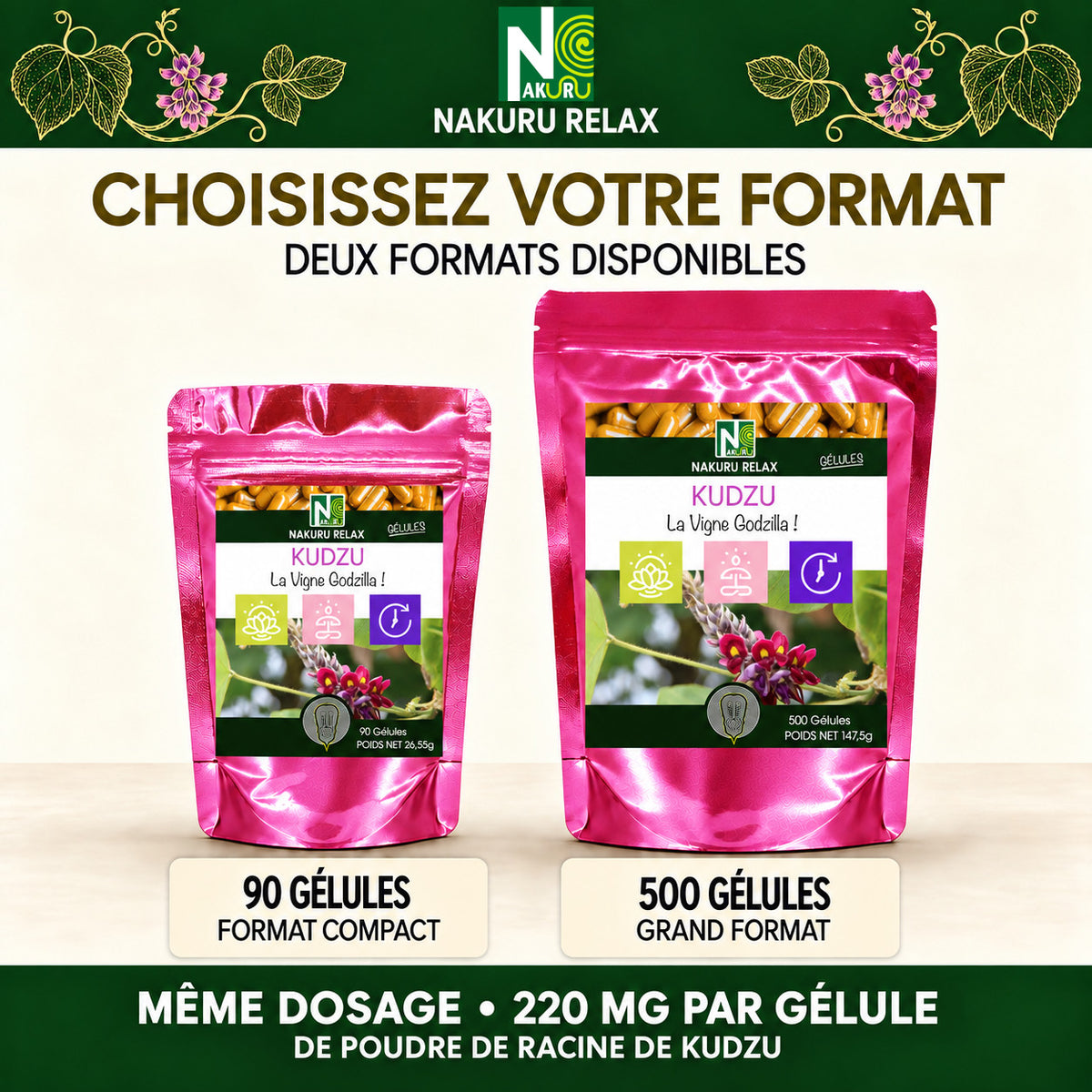 NAKURU Kudzu — 500 gélules — Comparatif formats