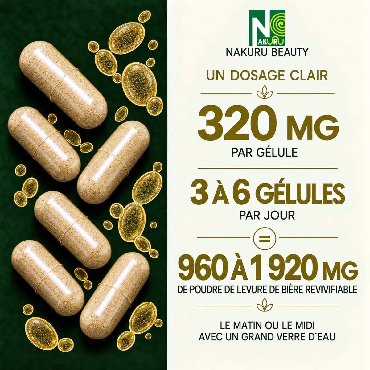 NAKURU Levure de Bière Revivifiable — 500 gélules — Dosage