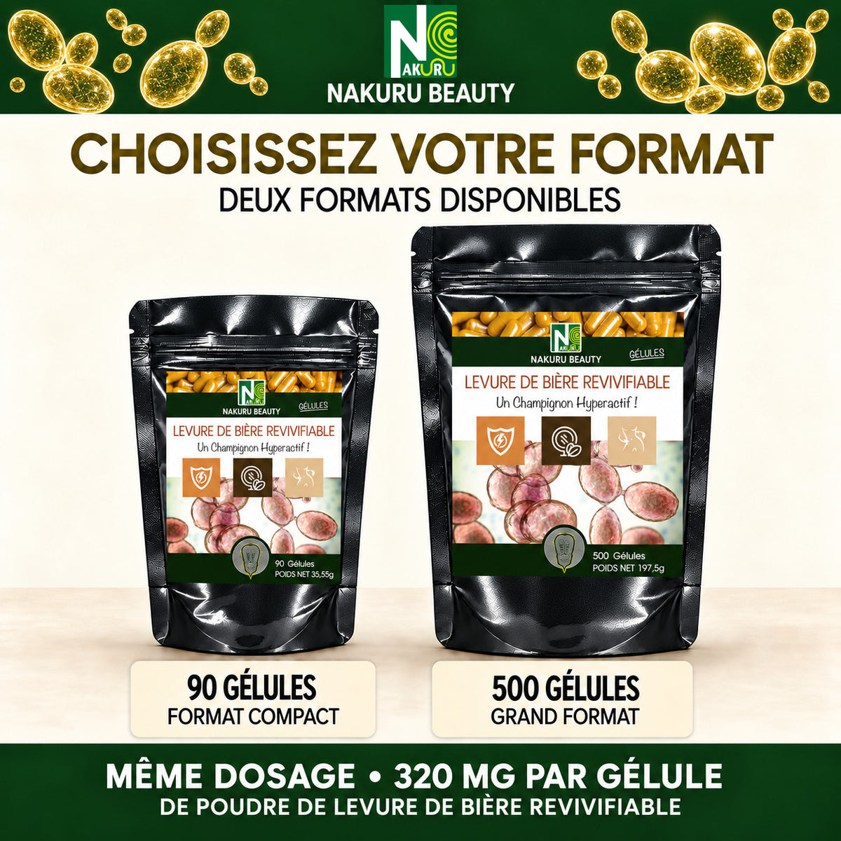 NAKURU Levure de Bière Revivifiable — 500 gélules — Comparatif formats