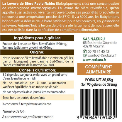 NAKURU Levure de Bière Revivifiable — 90 gélules — Étiquette dos