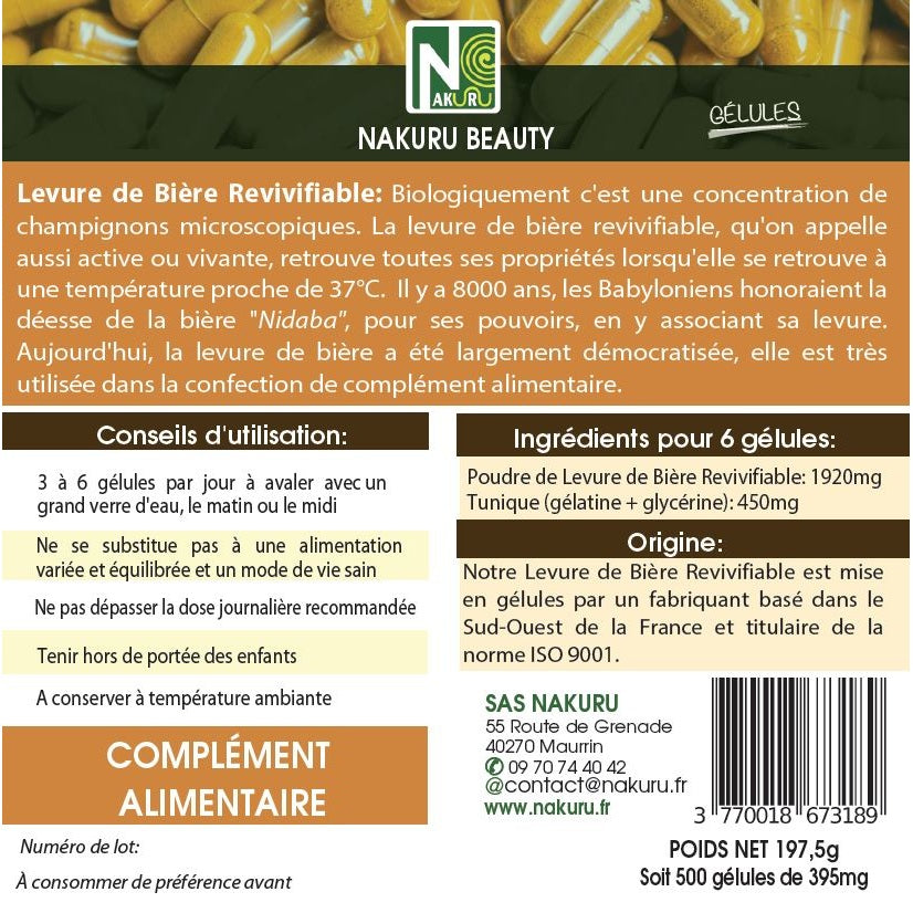 NAKURU Levure de Bière Revivifiable — 500 gélules — Étiquette dos