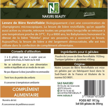 NAKURU Levure de Bière Revivifiable — 500 gélules — Étiquette dos