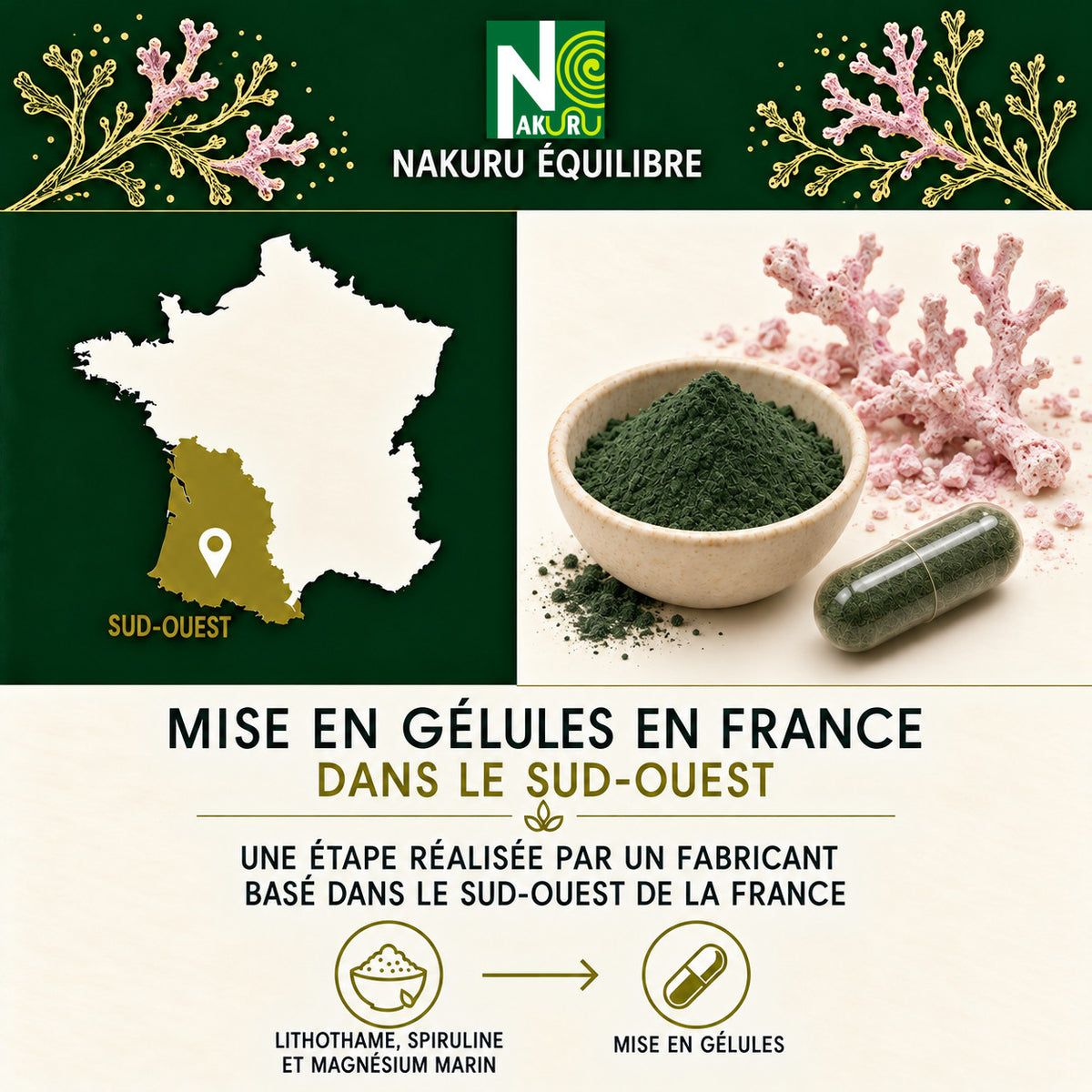 NAKURU Lithothame + Spiruline — 500 gélules — Fabrication