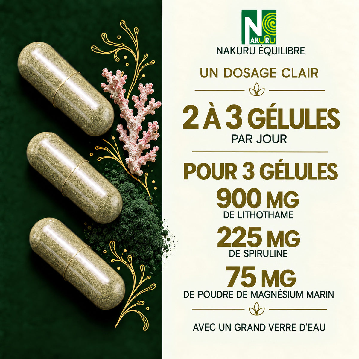 NAKURU Lithothame + Spiruline — 500 gélules — Dosage